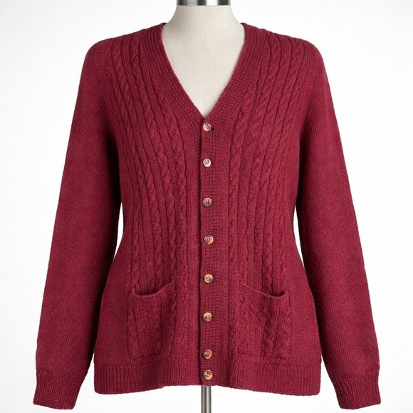 Sweaters - Vtg Womens Wool Cable Knit Cardigan Burgundy V Neck Button Long Sleeve Preppy
